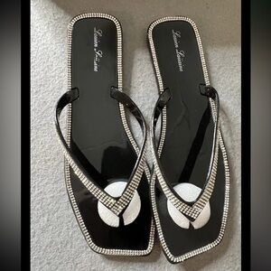 NEW Lauren Lorraine Jelly Flip Flops Womens 9 Black Rhinestone Bling Formal Cute